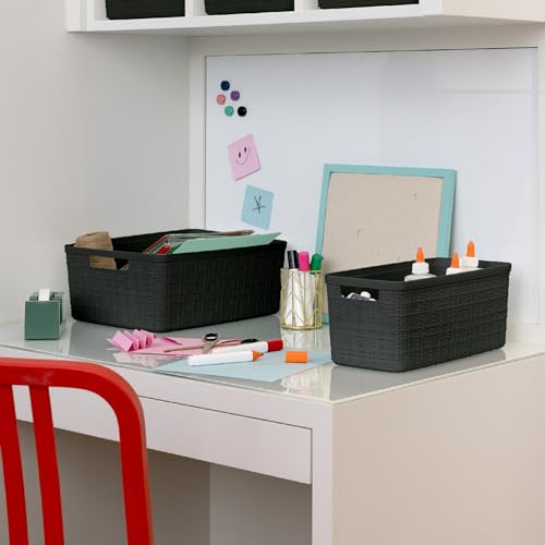 Curver Set of 8 Slim 6.8L Jute Decorative Plastic Organization and Storage Baskets - Perfect Bins for Home Office, Closet Shelves, Kitchen Pantry and All Bedroom Essentials, Black - color: Black, size: Slim 6.8L
