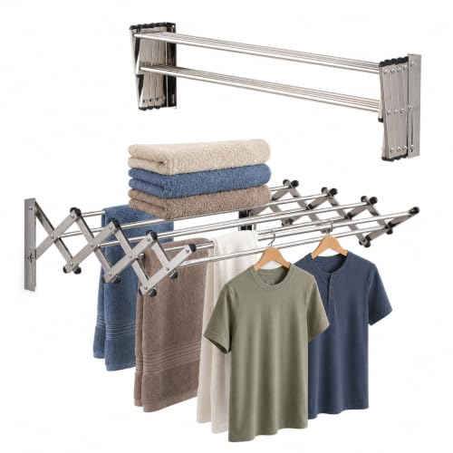 Wall Mounted Clothes Drying Rack | Adjustable to Fit Your Space | 20 Linear Feet Drying Capacity | 8 Stainless Steel Rods | 60 lb Capacity | Fully Assembled | Compact Space-Saving Design
