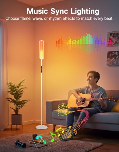 OUTON Bright Smart Floor Lamp with Remote, App & Touch Control, RGB Color Changing Standing Lamp, 2200K-6500K Dimmable, 3 Adjustable Heights, 32 Scenes for Living Room Bedroom Office,White & Metal - color: White & Metal Shade