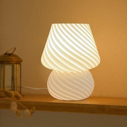 ONEWISH Mushroom Lamp-Small Bedside Table Lamp with Striped Glass, Nightstand Lamp for Bedroom, Living Room, 3000K E26 Bulb Included(White) - color: Not-dimmable-‎white-1pack