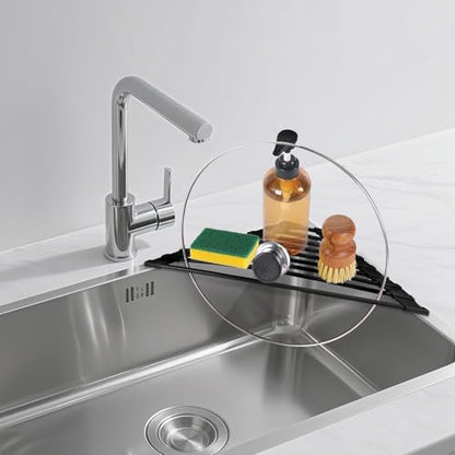 HANZENMA Triangular Sink Rack, Multi-Functional Rack Above the countertop, Foldable Sink Drying mat, Heat-Resistant, Non-Slip, and Rust-Proof Dish Rack (Black) - color: Black, size: Triangle: 15.8" x 9"