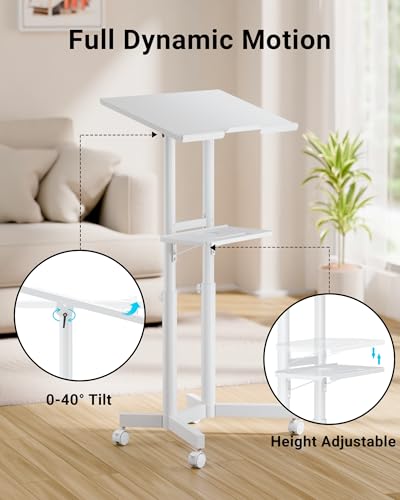 BONTEC Lecterns & Podiums Portable Mobile Standing Laptop Desk, Sit Stand | Height Adjustable, Home Office Classroom Pulpit Stand Up Desk Workstation, Rolling Table Laptop Cart with Storage Tray, White - color: White