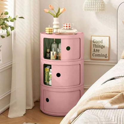 3 Tier Round Nightstand with Drawer, Pink Round Side Table Small Plastic Storage End Table for Bedroom, Living Room, Bathroom - color: Pink