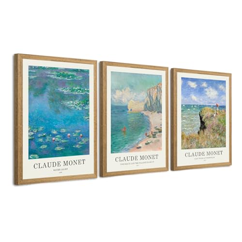 JLTULT Claude Monet Wall Art Set of 3, Solid Wood Frames, 12 x 16 in Each | Monet impressionist prints on fade-resistant canvas with ready-to-hang solid wood frames for living rooms and bedrooms - color: Monet, size: 16"L x 12"W
