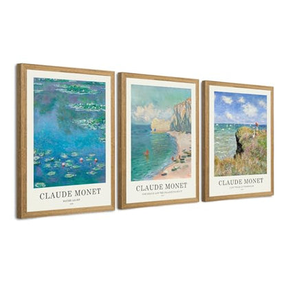 JLTULT Claude Monet Wall Art Set of 3, Solid Wood Frames, 12 x 16 in Each | Monet impressionist prints on fade-resistant canvas with ready-to-hang solid wood frames for living rooms and bedrooms - color: Monet, size: 16"L x 12"W