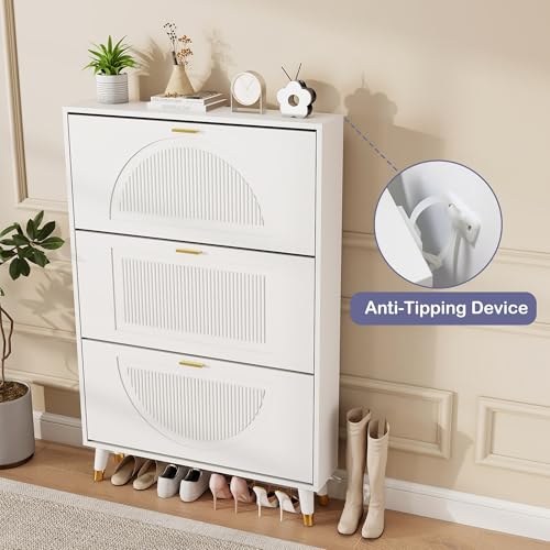 Shoe Cabinet Storage for Entryway: 32" White Slim Shoe Storage Cabinet with 3 Flip Drawers, Narrow Hidden Shoes Storage, Wood Shoes Organizer Cabinets for Hallway (1, 3-Drawers) - size: 3-Drawers