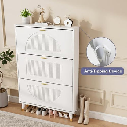 Shoe Cabinet Storage for Entryway: 32" White Slim Shoe Storage Cabinet with 3 Flip Drawers, Narrow Hidden Shoes Storage, Wood Shoes Organizer Cabinets for Hallway (1, 3-Drawers) - size: 3-Drawers