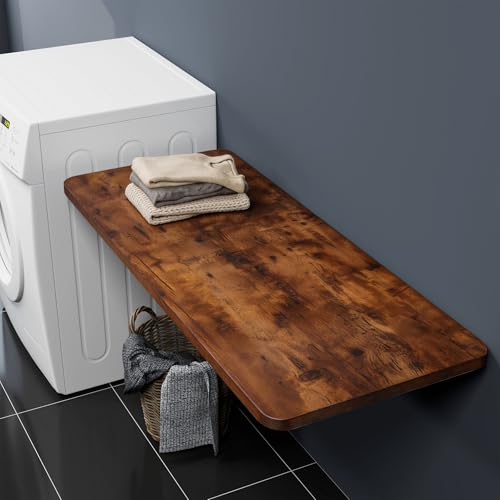 Neoaider Wall Mounted Folding Table 47.2”L x 19.7”W, Brown | Laundry Folding Table with Heavy Duty Metal Collapsible Shelf Brackets, Wall Mounted Desk Fold Down for Small Spaces - color: Brown, size: 47.2" x 19.7"