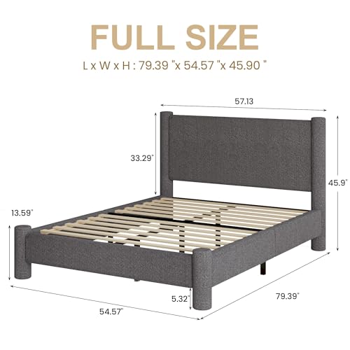 REVOMINCA Full Boucle Bed Frame with Headboard & Footboard, Dark Grey | Upholstered platform frame has soft rounded corners, requires no box spring, and is easy to assemble. - color: Dark Grey, size: Full