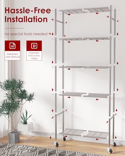 Sakugi 5-Tier Storage Shelves 33.1" x12.6' x73.5 Silver with Wheels | Kitchen, Closet, Pantry, Garage, Heavy Duty, Adjustable Feet, Metal Construction - color: Silver, size: 33.1W x 12.6D x 73.5H(5T)