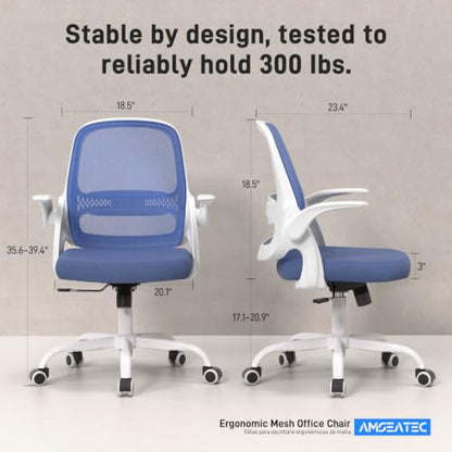 amseatec Ergonomic Mesh Desk Chair with Flip-Up Arms, Supports 300 lbs | Aerospace-grade frame, Mesh & 3" foam seat. 90-110° rocking, height adjustable, 360° swivel. - color: Blue