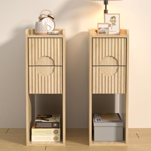 Small Fluted Nightstand Set of 2, Wood 2 Drawer Narrow Nightstand, Slim Side Table, Modern Boho End Bedside Table, Natural Wood Night Stand with Drawers for Bedroom, Living Room, Natural - color: Natural-2 Pcs