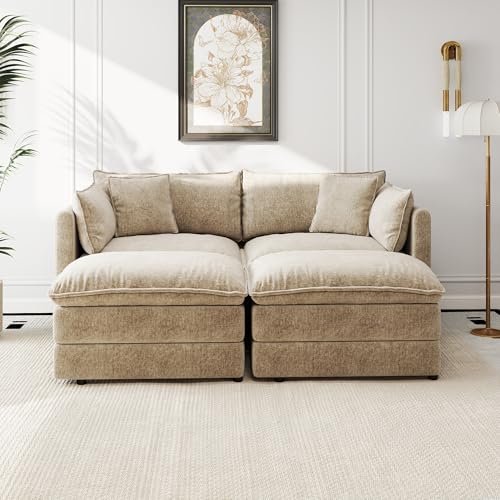 Aoowow Modular Sectional Sofa Modern Convertible Loveseat Couch,77.16 Inch Deep 2-Seater Sofas Comfy Chenille Cloud Sofas and Couches Set with 2 Movable Ottoman for Living Room Apartment（Camel） - color: Camel, size: 2 Seat + 2 Ottoman