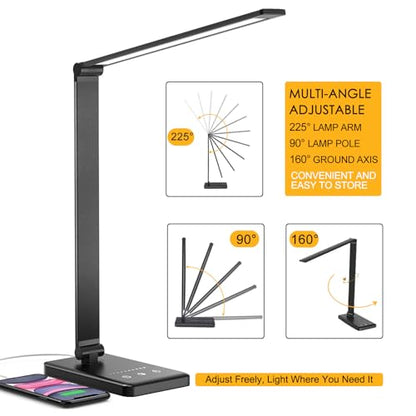 Led Desk Lamp, Desk Lamp with USB Charging Port, 5 Color Modes, 10 Brightness, Natural Light, Eye Caring Reading Lamp, Desk Light for Home Office, Table Lamp, Touch Control, Auto-Timer, Black - color: Black
