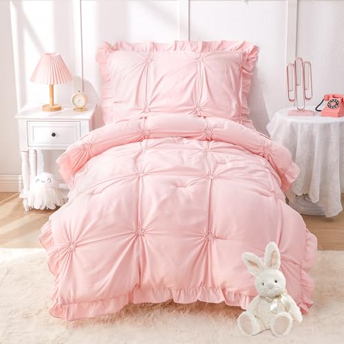 Princess Toddler Bedding Set for Girls, 4 Piece Ruffles Jacquard Embroidery Toddler Bed Sheets with Boho Toddler Comforter, Fitted Sheet, Flat Sheet and Pillowcase, Pink - color: Pink, size: Toddler
