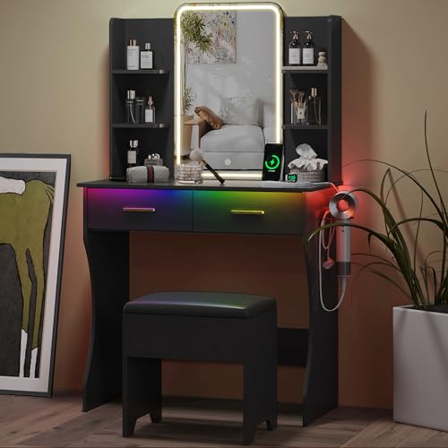 Small Vanity Desk with Mirror and Lights, Makeup Vanity with LED Lights, Black Vanity Mirror with Lighted Desk and Chair, 3 Lighting Adjustable Compact Dressing Table with Mirror for Women, Girls - color: Black, size: 29.88x15.09x51.30 in