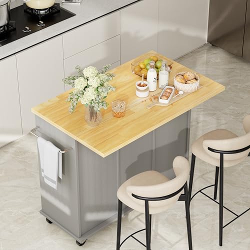 Shintenchi Kitchen Island with Storage, Bar Cart Cabinet Island Table on Wheels, Rolling Microwave Cart for Kitchen with Drop Leaf, Drawers, Towel Rack, Seating Area for Dining Room, Gray - color: Gray-42 Inch