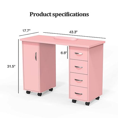 OmySalon Manicure Table Nail Desk with Cabinet, Drawers, Wheels & Wrist Rest, Spa Salon Beauty Home Wooden Technician Workstation for Nail Tech, Pink - color: Pink