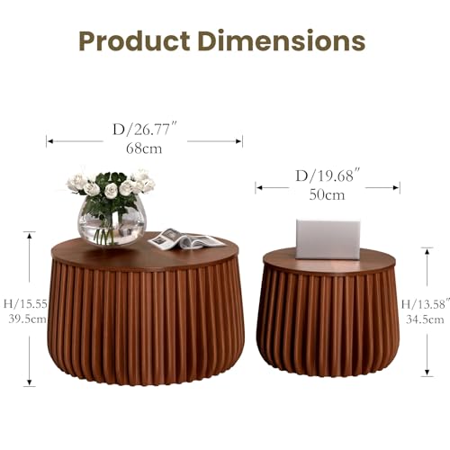 Nesting Coffee Table Set of 2, Round, Walnut | Hidden Storage, Solid Wood, Stackable End Tables, Circle Side Tables for Small Space Living Room Apartment - color: Walnut 26.77"