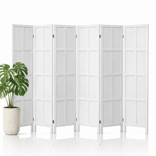 6 Panel Wood Room Divider and Folding Privacy Screen 67″, White | Solid Paulownia Wood Room Partition with 360° Hinges, Freestanding Wall Divider for Room Separation, Home, Bedroom, Office - color: 6 Panels White, size: 6 Panels