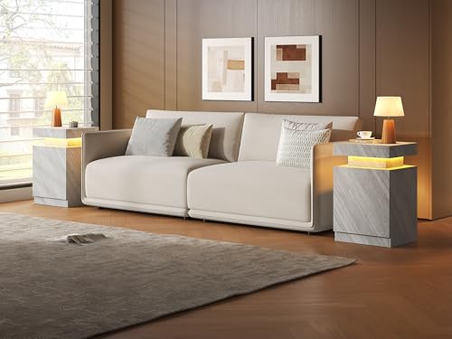 Nightstands Set 2, 17 Inches Modern Bedside Table with LED Lights, LED Night Stand Set of 2, High Gloss Surface, End Table with Storage for Bedroom, Grey - color: Grey-17"