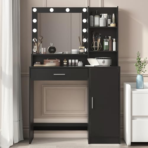 Palimder Vanity Desk with Mirror & Light, Large Drawer Three Level Storage Dresser, 3 Lighting Modes Adjustable Brightness, Bedroom Dressing Table - color: Black