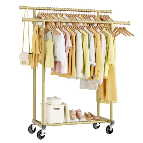 HYSEYY Double Rods Clothes Rack, Sturdy Rolling Clothing Rack, Portable Clothing Racks for Hanging Clothes - Metal Garment Rack Wardrobe Coat Rack for Bedroom Laundry Living Room, Light Gold - color: Light Gold