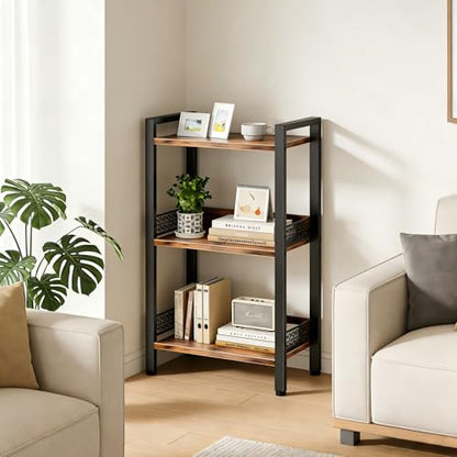 3-Tier Book Shelf, Bookcase with a Back Panel, Storage Shelves for Bedroom, Living Room & Home Storage (Brown Black) - color: Brown Black