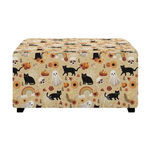 Black Cat Ghost Ottoman Cover Rectangular Stretch Square Ottoman Covers Slipcover Rectangle Washable Foot Stool Cover Thick Storage Protector with Elastic Bottom - color: Black Cat Ghost, size: Large