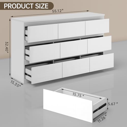 White 9 Drawer Dresser for Bedroom Wooden 55" Wide | Modern, Handle-Free, long, for Living Room, Entryway, TV Stand - size: 15.4"D x 33.9"W x 55.1"H (9 Drawers)