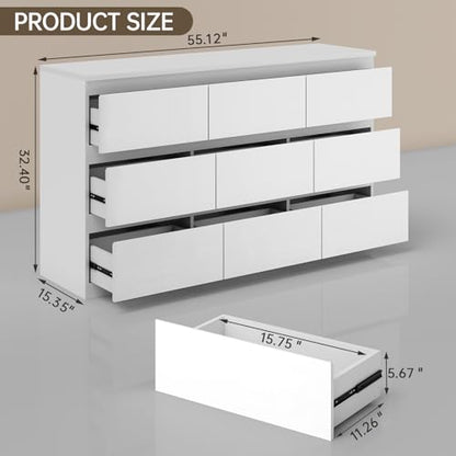 White 9 Drawer Dresser for Bedroom Wooden 55" Wide | Modern, Handle-Free, long, for Living Room, Entryway, TV Stand - size: 15.4"D x 33.9"W x 55.1"H (9 Drawers)