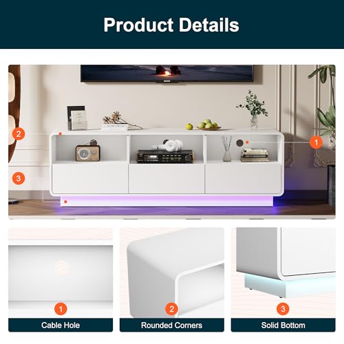 RoyalCraft TV Stand for TVs Up to 65", Modern White Entertainment Center with 3 Storage Drawers and LED Lights, Curved Wood Media TV Console for Living Room, Bedroom - color: White