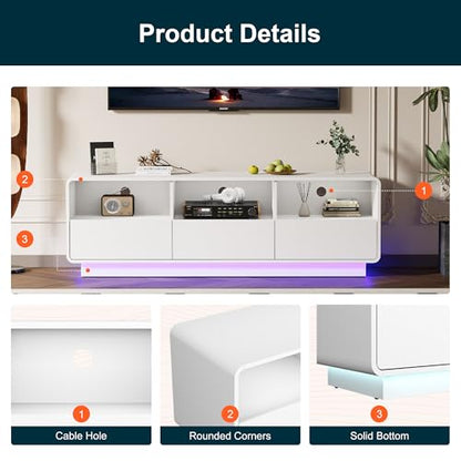 RoyalCraft TV Stand for TVs Up to 65", Modern White Entertainment Center with 3 Storage Drawers and LED Lights, Curved Wood Media TV Console for Living Room, Bedroom - color: White