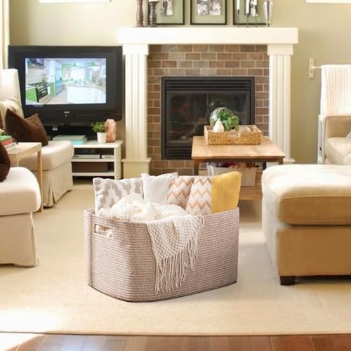 OIAHOMY XXLarge Rectangle Blanket Basket-96L, Cotton Woven Basket for Storage, Dirty Clothes Basket for Living Room, Nursery, Bedroom, Toy Organizing with Handle, 24" x 16" x 15",Brown variegated - color: Brown variegated, size: 24”x16”x15”