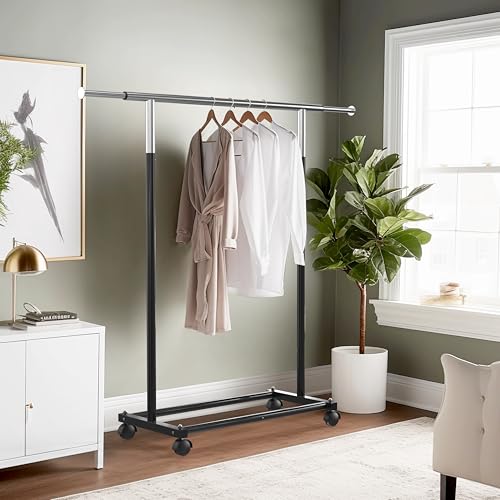 Simple Houseware Standard Rod Garment Clothing Rack, Black | Single Rail, Extendable Width from 30 to 47 Inches, Rolling Clothing Organizer for Bedroom, Laundry, Living Room - color: Black