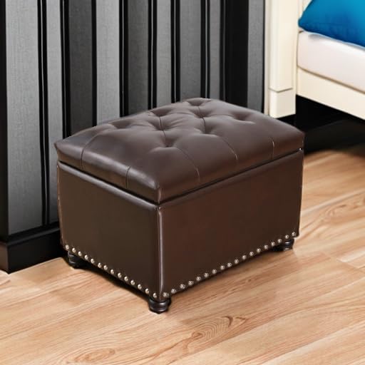 Adeco Bonded Leather Square Tufted Storage Footstool, 18" ottoman, Dark Brown - color: Dark Brown