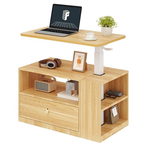 FLEXISPOT H7 CAB 28" Storage Sit-Stand Desk with Pneumatic Lift | Computer workstation desk with drawer and cabinet storage. Compact desk for small spaces and home office.25.8"–41.3",Maple - color: Maple+maple