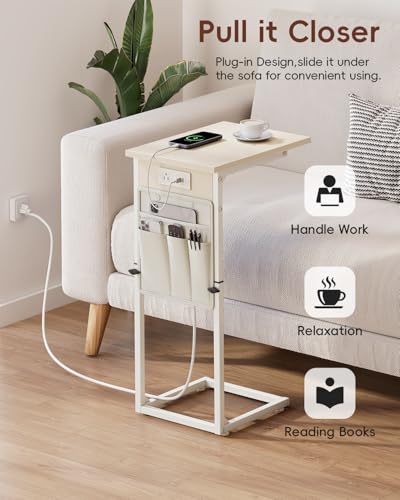 C Shaped End Table with Charging Station, Adjustable Height Side Table for Couch, Small Sofa Table C Table End Table, Slide Under Couch Table TV Tray Arm Table for Living Room, Bedroom, Cream - color: Cream White, style: With Plug