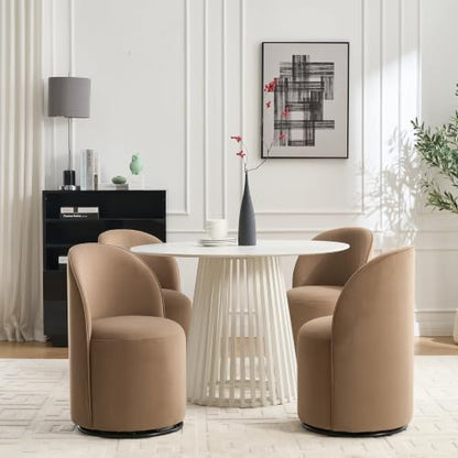 Penau Swivel Dining Chair, Velvet Barrel Seat, Brown | Velvet Upholstery, 360 Degree Swivel, Curved Backrest, Compact Seating For Dining Room And Vanity