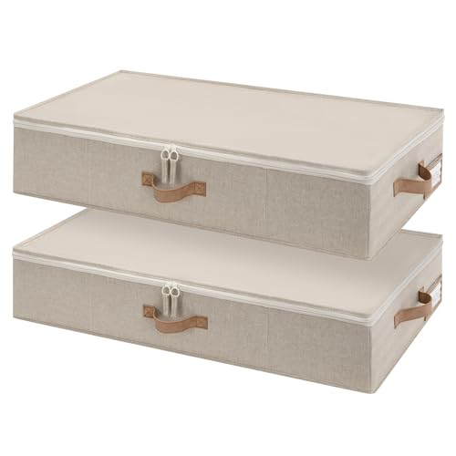 StorageWorks 6 Inch Low Profile Under Bed Clothes Storage Bins with Lids | Reinforced Structure, Resists Sagging, Handles & Label Holder, Foldable Stackable Closet Storage for Clothes, Blankets, Toys - color: Taupe, size: 33"L × 17"W × 6"H