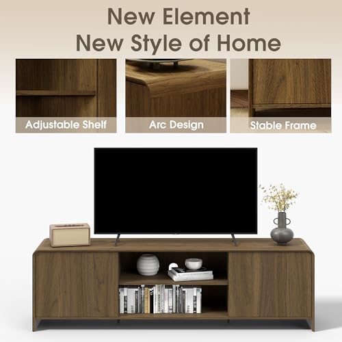 Bevfint Modern TV Stand for 80 Inch TVs, Rustic Entertainment Center for Cozy Home Theater & Holiday Gatherings, Dark Oak Media Console Cabinet with Storage & Arc Design - Walnut Grain - color: Walnut Grain