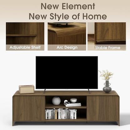 Bevfint Modern TV Stand for 80 Inch TVs, Rustic Entertainment Center for Cozy Home Theater & Holiday Gatherings, Dark Oak Media Console Cabinet with Storage & Arc Design - Walnut Grain - color: Walnut Grain