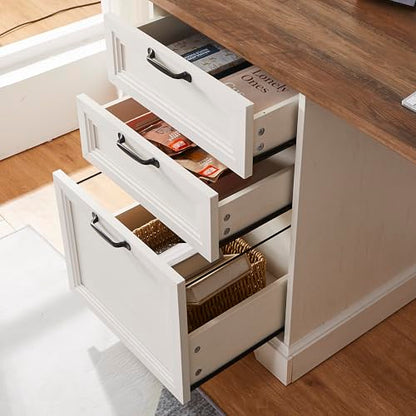 60"L-Shaped Executive Desk with 40"Adjustable File Cabinet,Farmhouse Home Office Desk with Charging Station,Office Desk with Storage Drawers,Wood Computer Desk Set for Office Work,Home Study - color: Off-white