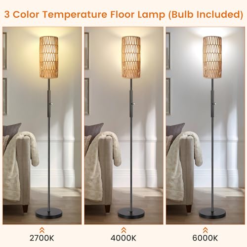 Boho Floor Lamp for Living Room with 3 Color Temperatures LED Bulb, Standing Lamp Tall Lamp Reading for Bedroom, Office, Kids Room (9W LED Bulb, Rattan & Fabric Shades Included) - color: Beige & Rattan