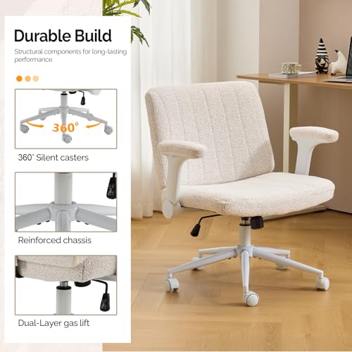 VINGLI Criss Cross Chair with Adjustable Flip-Up Arms,Cross Legged Chair with Wheels,Extra Wide Office Chair,Desk Chair for Home Office,Vanity,Bedroom, Apartment,Starry Chenille,White - color: White