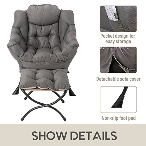 Lazy Chair with Ottoman, Comfy Accent Reading Chair, Dark Grey | Foldable Footrest,Removable Cover,with Armrests and Side Pockets,Upholstered Lounge Chair for Bedroom,Dorm,Office,Small Space - color: Dark Grey