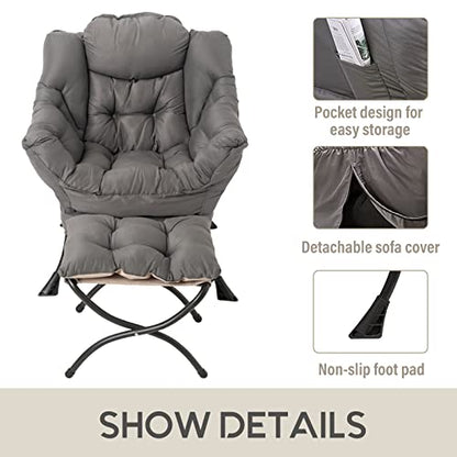 Lazy Chair with Ottoman, Comfy Accent Reading Chair, Dark Grey | Foldable Footrest,Removable Cover,with Armrests and Side Pockets,Upholstered Lounge Chair for Bedroom,Dorm,Office,Small Space - color: Dark Grey