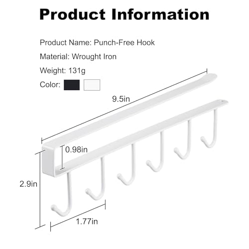 Coffee Mug Holder Under Cabinet, Clip-On No-Drill Coffee Cup Hooks, Self Adhesive Mug Holder Rack for Kitchen, Closet, Bathroom, White, 6 Hooks - color: White, size: 6 Hooks