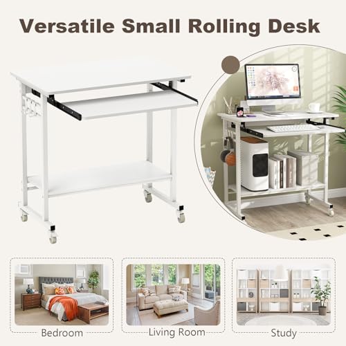 Tangkula Rolling Computer Desk Cart with Keyboard Tray, Mobile Portable Laptop PC Desk with CPU Stand & 3 Hooks for Sofa & Bed, Compact Small Desk on Wheels for Small Spaces (White) - color: White