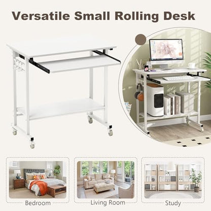 Tangkula Rolling Computer Desk Cart with Keyboard Tray, Mobile Portable Laptop PC Desk with CPU Stand & 3 Hooks for Sofa & Bed, Compact Small Desk on Wheels for Small Spaces (White) - color: White